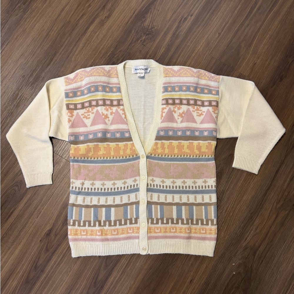 Vintage Pastel Knit Patterned Cardigan Medium